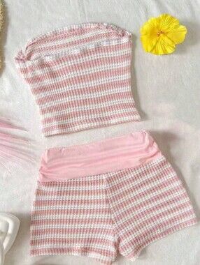 Knit Pink & White Striped Tube top & High Waist Shorts